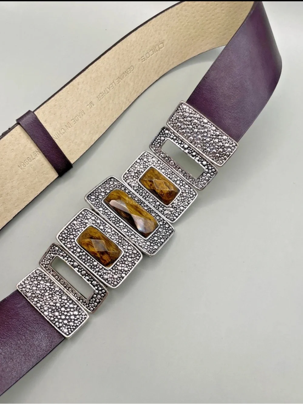 Chicos Wide Belt Women's M/L Brown Leather Silver Tone Faux Amber Stone Buckle